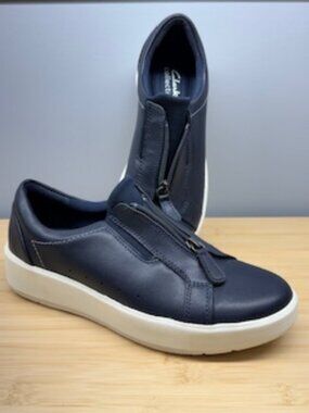 Clarks Collection Layton Rae Front Zip Sneakers – Navy Leather | Comfy & Chic